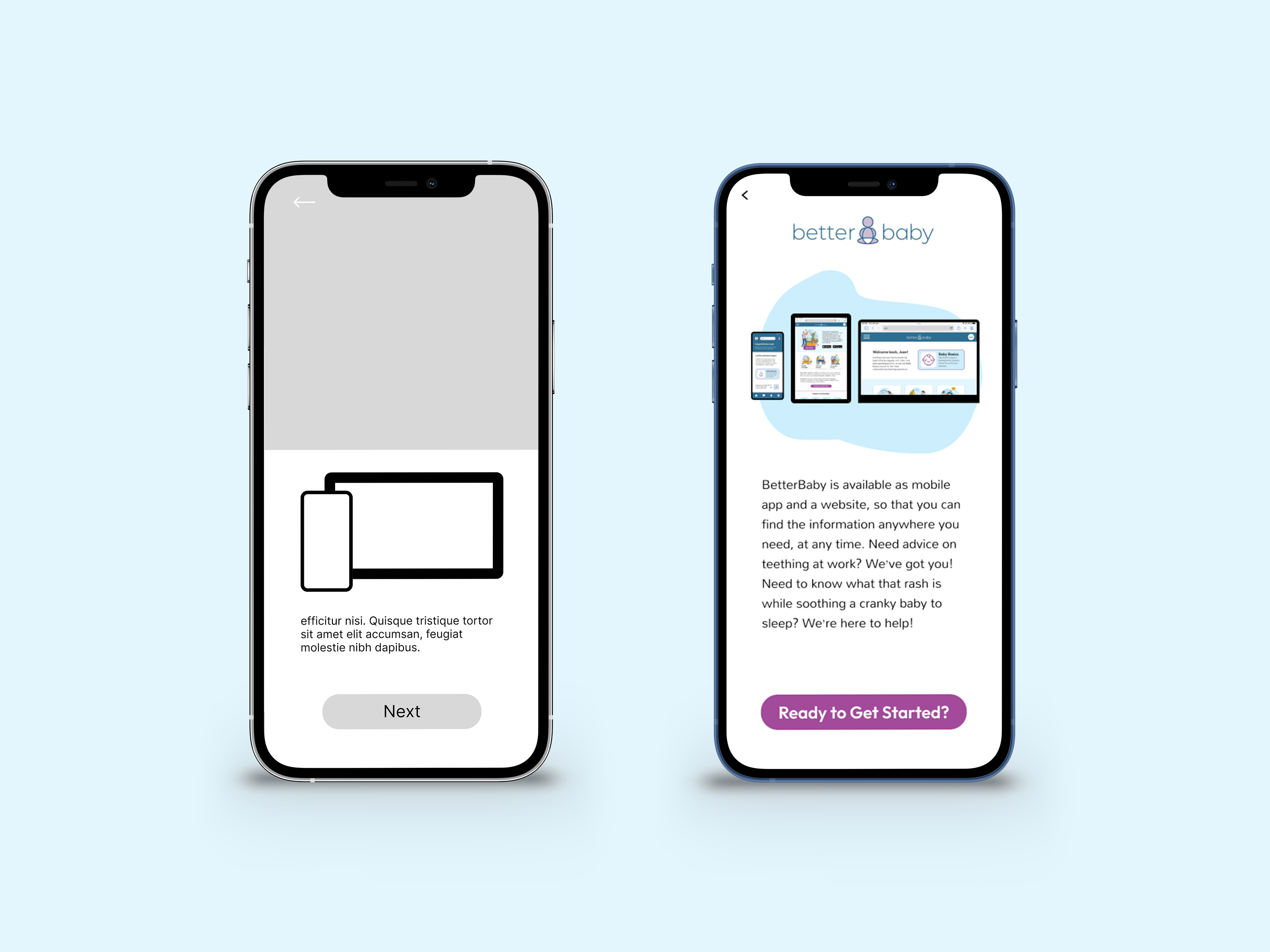 Better Baby App second introductory screen wireframe and final version side by side